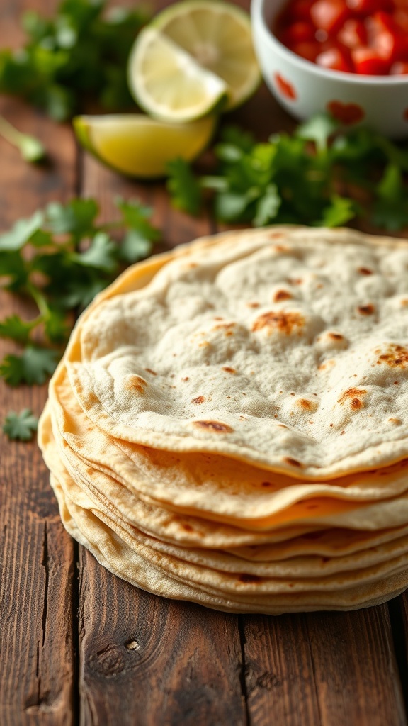 Authentic Mexican Tortillas Recipe by Pati Jinich A stack of warm homemade tortillas on a wooden table with fresh ingredients.